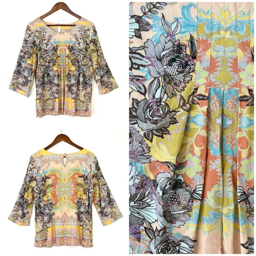 Soft Surroundings Boho Floral Tunic Top Women M Rayon 3/4 Sleeve Colorful Resort